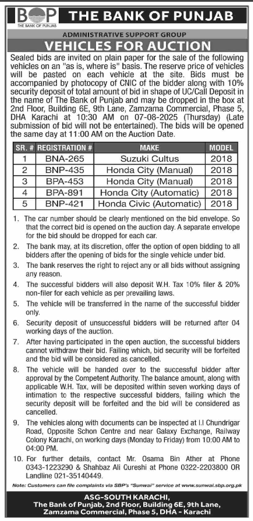 The Bank of Punjab Karachi Tender Notice